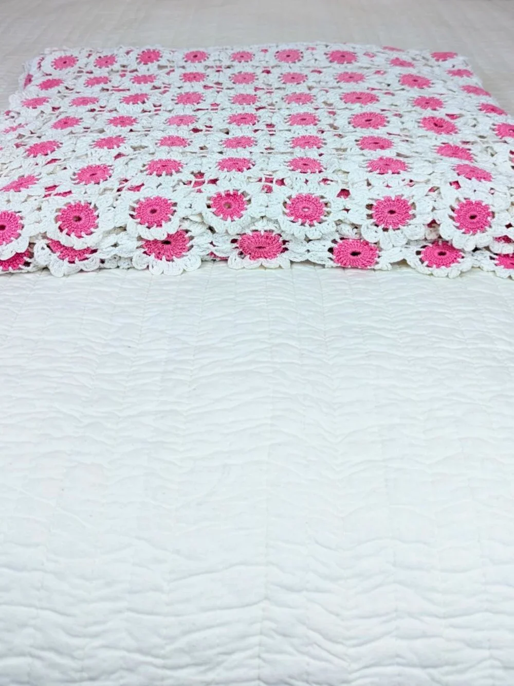 Boho Cottagecore Crochet Quilt ~ Bright Pink/White ~ Hand Crocheted Cotton